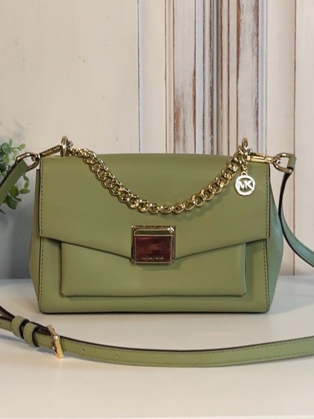 MICHAEL KORS SAGE GREEN LEATHER GOLD CHAIN CROSSBODY SHOULDER BAG Msrp $378